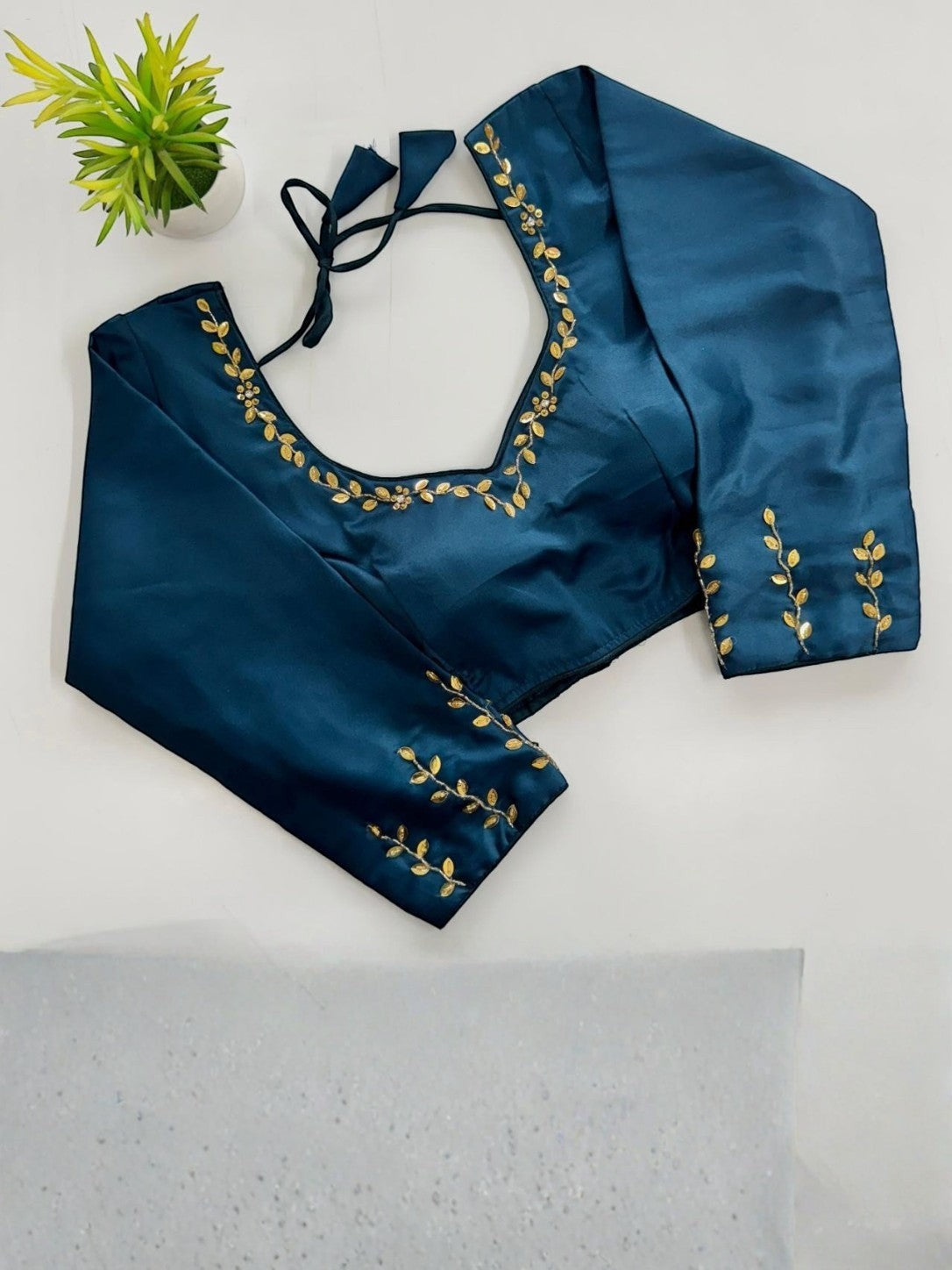 AMAB teal silk blouse with gold handwork embroidery on neckline and sleeves, 3/4 sleeves, padded, tie closure.