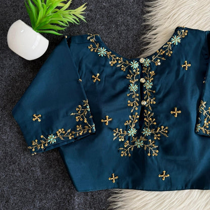 AMAB designer teal butter silk blouse with gold and turquoise handwork on sleeves and back. Padded partywear.