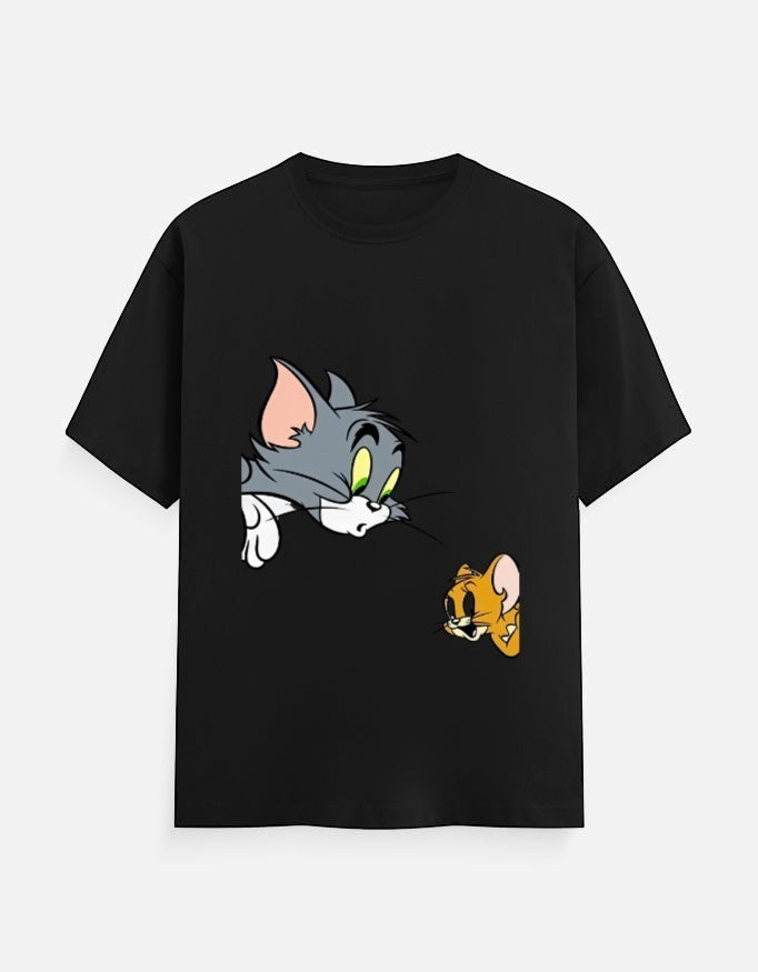 AMAB Men's black cotton t-shirt with a graphic print of Tom and Jerry in a playful chase scene.