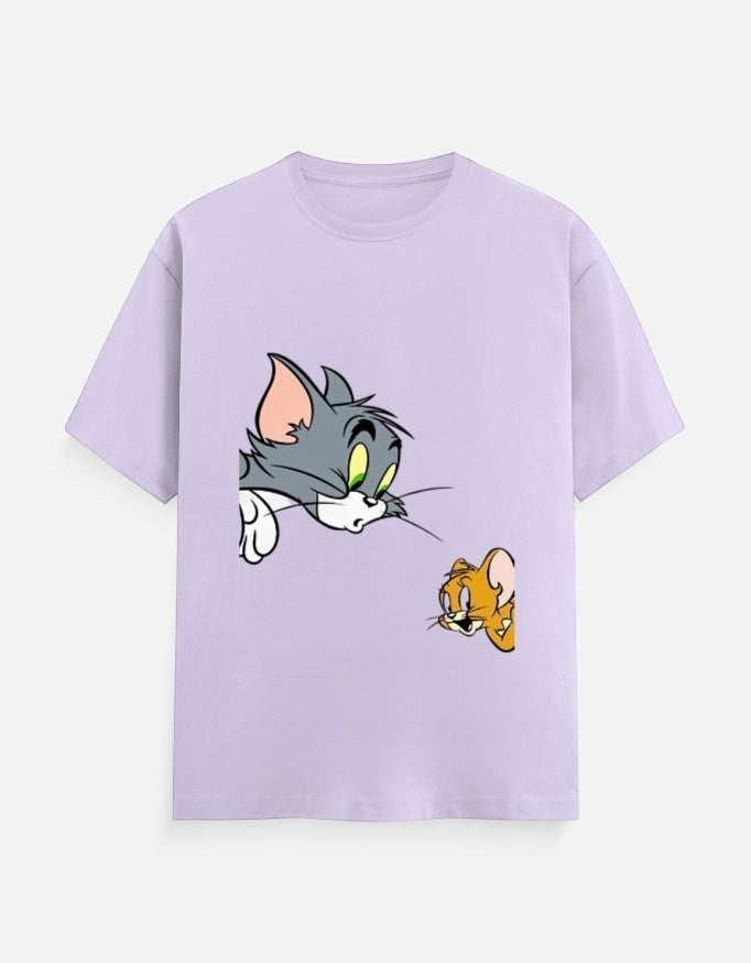 AMAB Men's light purple cotton t-shirt with a graphic print of Tom and Jerry characters.