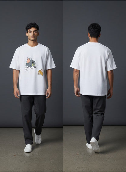 AMAB Men's white cotton t-shirt with a graphic print of Tom and Jerry characters.
