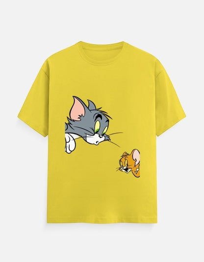 AMAB Men's yellow cotton t-shirt with a graphic print of Tom and Jerry cartoon characters.