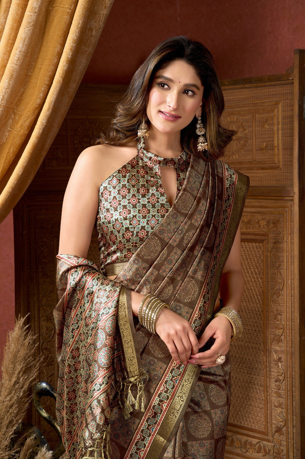 AMAB Traditional Indian silk blend saree in earthy brown with intricate geometric and floral motifs in red, blue, and cream. Features gold border and matching blouse.