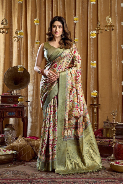 AMAB Traditional Indian Silk Sari in cream with intricate floral and paisley weave in pink, red, and green. Features a gold border and pallu.
