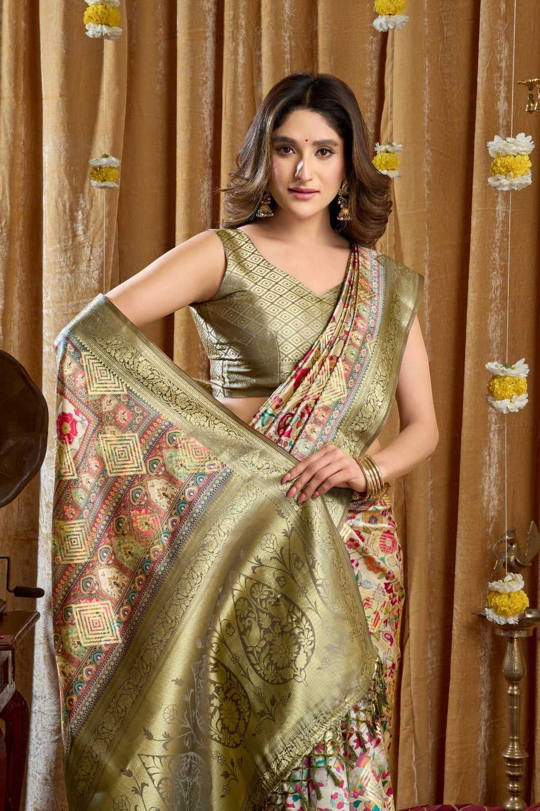 AMAB Traditional Indian Silk Sari in cream with intricate gold weave, floral and geometric patterns. Features a gold border and pallu.