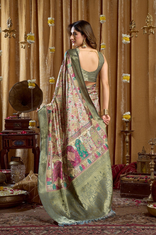 AMAB Traditional Indian Silk Sari in cream with intricate weave, featuring colorful motifs and a gold border. Draped on a model.