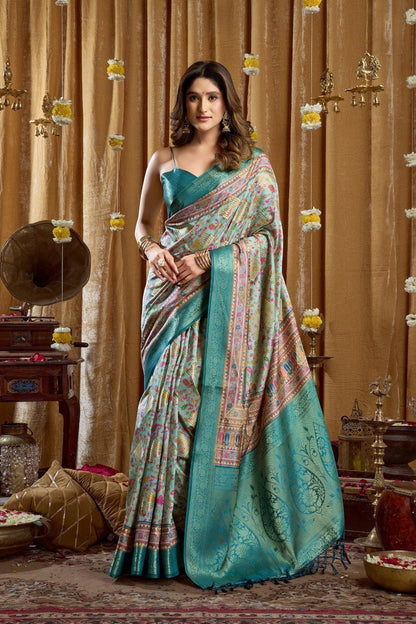 AMAB Traditional Indian Silk Sari in light blue with intricate weave and teal border. Features a woven pallu and detailed motifs.