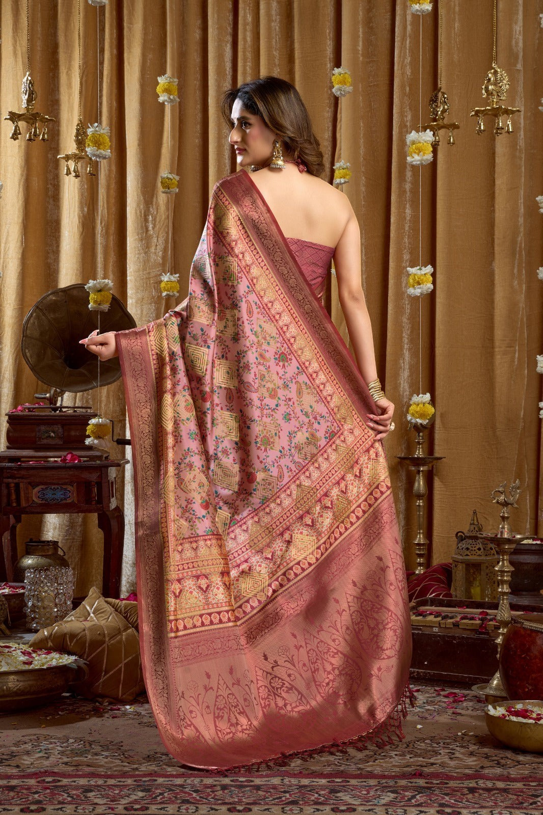 AMAB Traditional Indian Silk Sari in blush pink with intricate gold weave, detailed border and pallu. Perfect for celebrations.