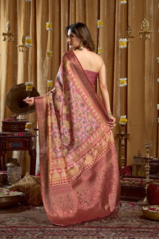 AMAB Traditional Indian Silk Sari in blush pink with intricate gold weave, detailed border and pallu. Perfect for celebrations.