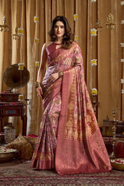 AMAB Traditional Indian Silk Sari in blush pink with intricate gold weave and contrasting border. Features a flowing drape and elegant pallu.
