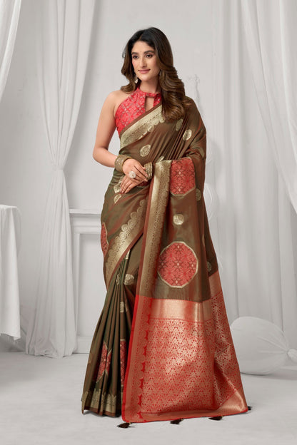 AMAB traditional woven silk saree in olive green with red and gold intricate border and circular motifs. Perfect for special occasions.