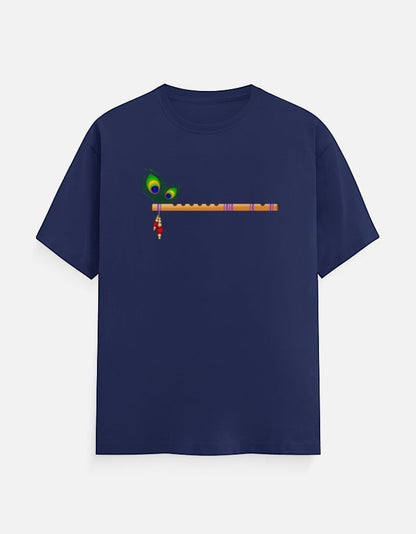 AMA B Unisex Classic Crew T-Shirt in navy blue, 100% cotton, featuring a Krishna flute and peacock feather graphic.