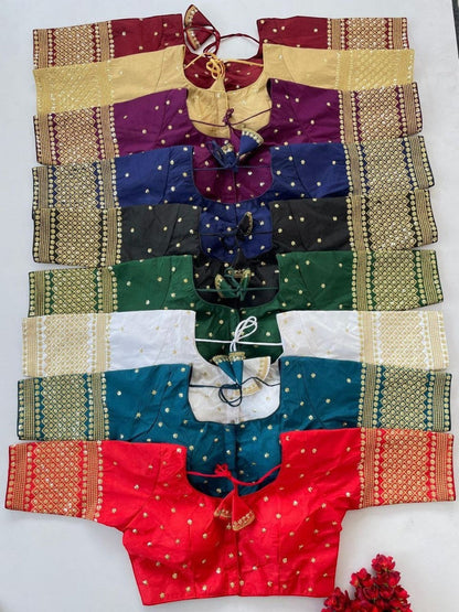 AMAB Vichitra silk blouses in red, teal, white, green, black, blue, purple, and gold with zari and sequence embroidery and latkan details.