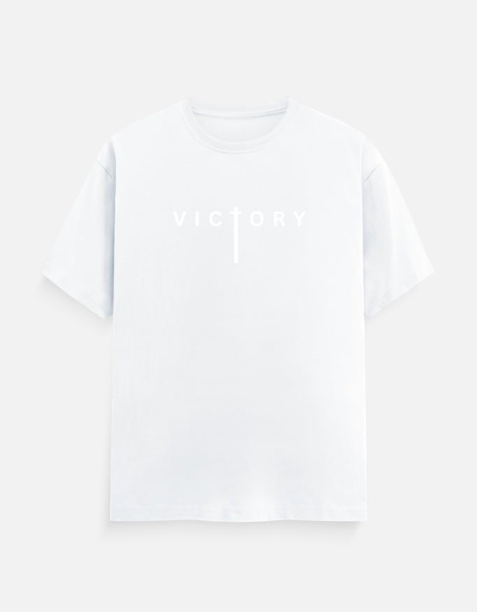AMAB white 100% cotton crew neck t-shirt with minimalist "Victory" text graphic on front.