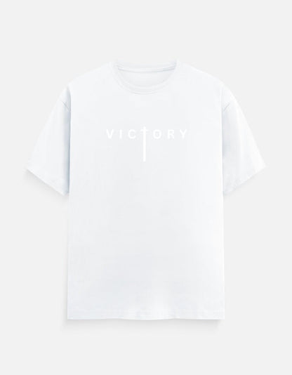 AMAB white 100% cotton crew neck t-shirt with minimalist "Victory" text graphic on front.