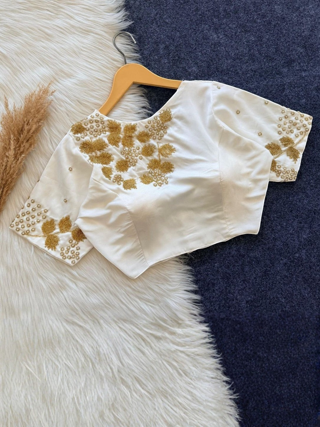 AMAB white silk blouse with gold handwork on neckline and sleeves, padded, short sleeves, designer party wear.