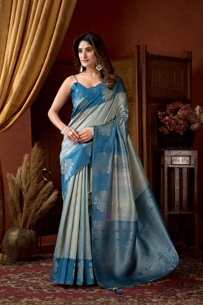 AMAB women's traditional woven silk blend saree in silver and blue with floral motifs and metallic threads.