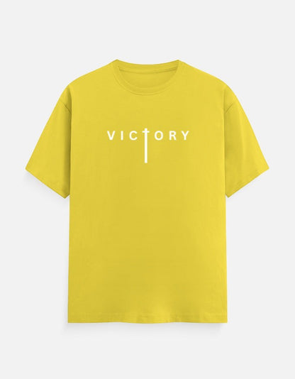 AMAB yellow 100% cotton crew neck t-shirt with white 'Victory' typography on the front.