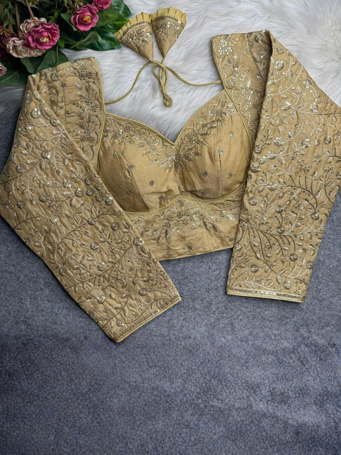 AMAH Heavy Vichitra Silk Blouse with jari and sequence work, long sleeves, and back open design. Gold.