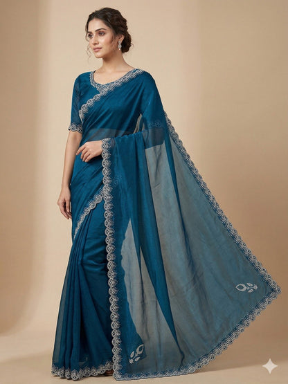 Premium Space Silk Saree with Zarkan Diamond Work | Designer Party Wear, Wedding & Festive Saree with Matching Blouse