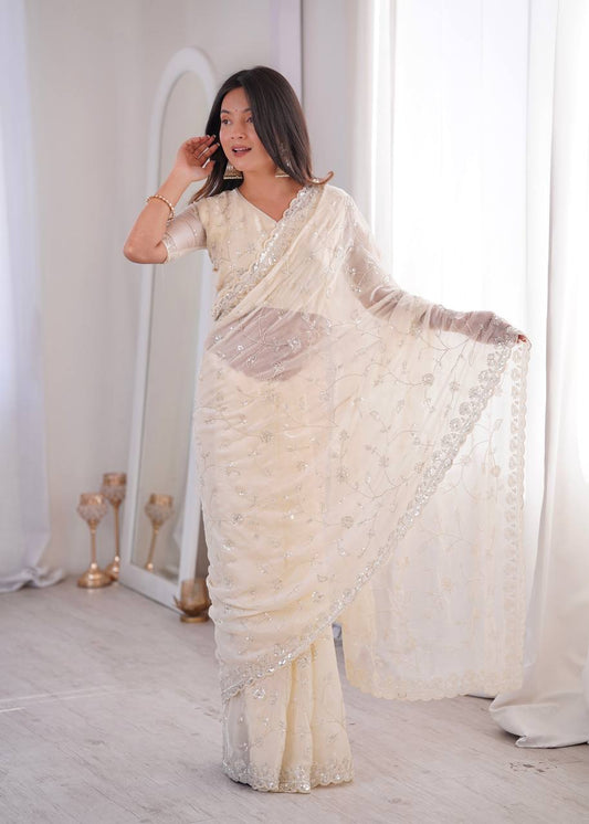 Premium Two Tone Fandy Silk Saree with Heavy Real Beads & Thread Embroidery Work | Designer Party Wear, Wedding & Festive Saree with Unstitched Blouse