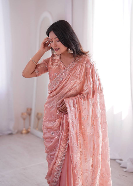 Premium Two Tone Fandy Silk Saree with Heavy Real Beads & Thread Embroidery Work | Designer Party Wear, Wedding & Festive Saree with Unstitched Blouse