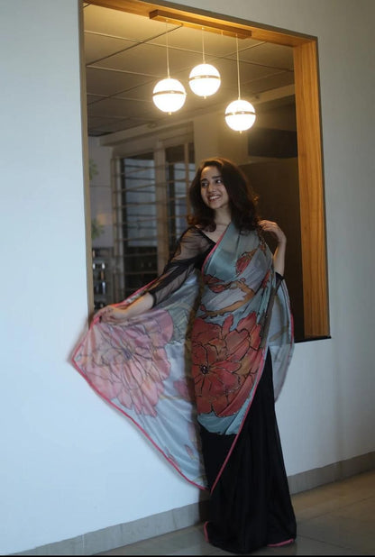Black Rangoli Silk Kalamkari Print Saree with Hand Bead Work | Designer Party Wear & Festive Saree with Running Blouse