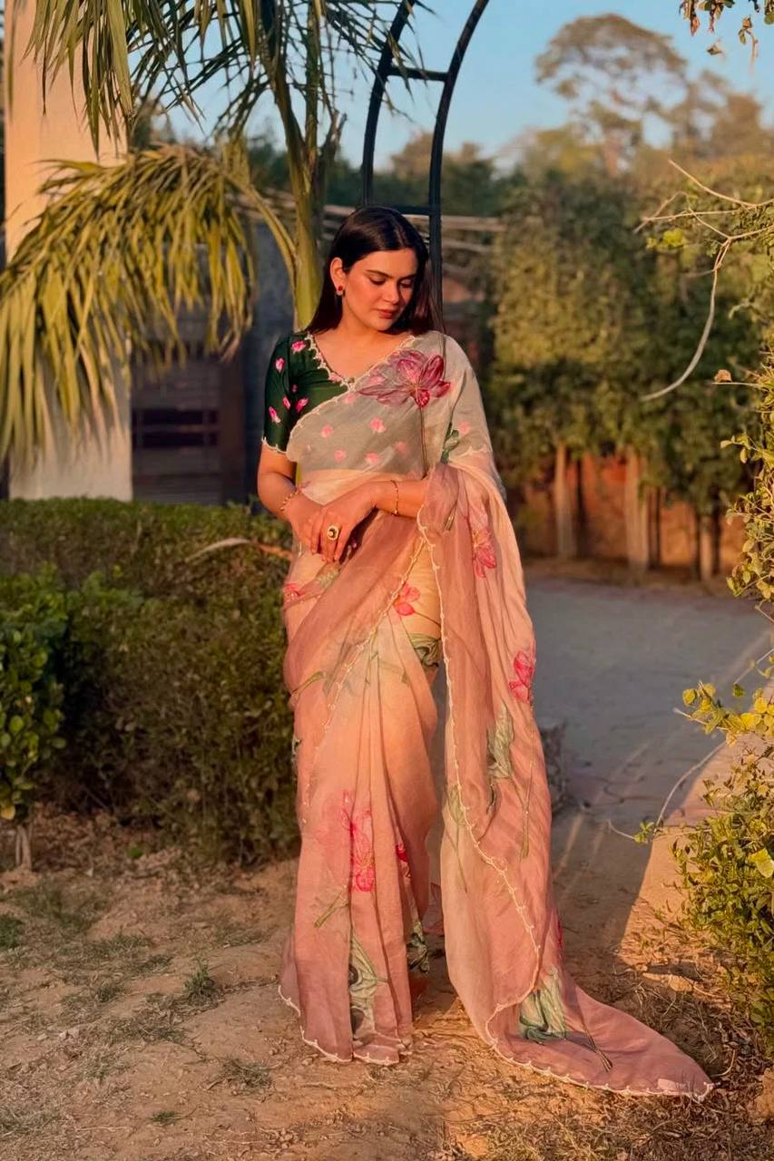 Soft Organza Floral Print Saree with Cut Dana & Moti Handwork | Celebrity Style Party Wear Saree for Women
