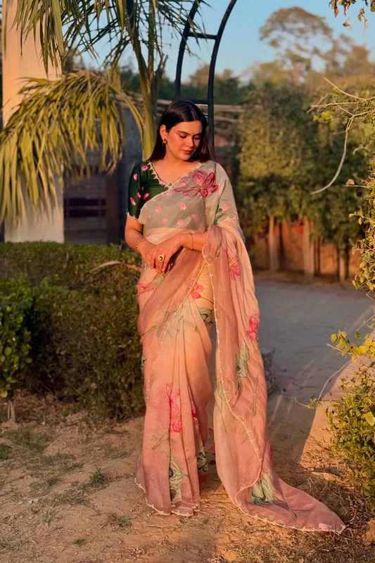 Soft Organza Floral Print Saree with Cut Dana & Moti Handwork | Celebrity Style Party Wear Saree for Women