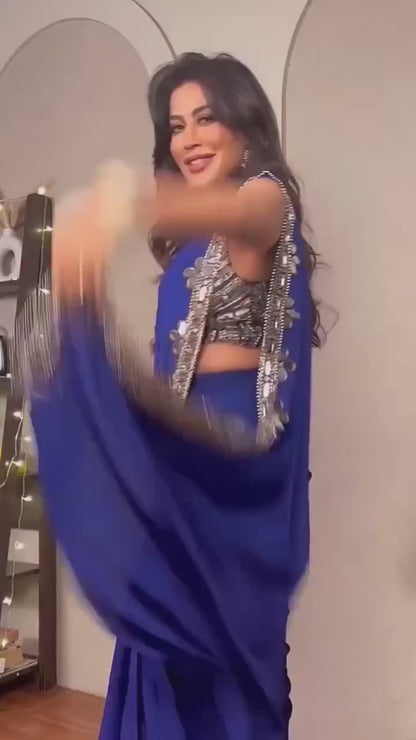 Premium Ready to Wear Faux Georgette Saree with Real Mirror Work | Designer Party Wear, Wedding & Festive Saree with Unstitched Blouse