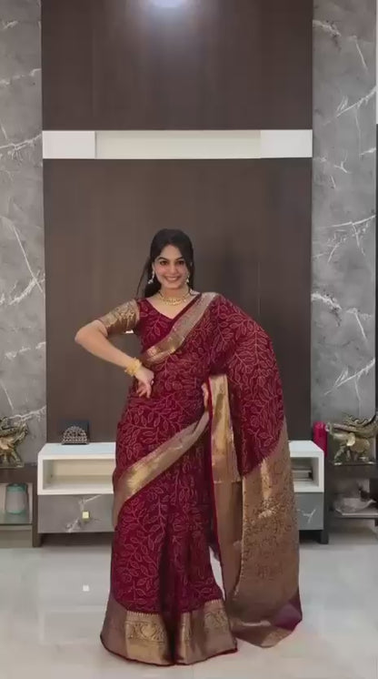 Women’s Maroon Kanjivaram Bandhani Cotton Silk Saree with Hand Dye Print | RO17453