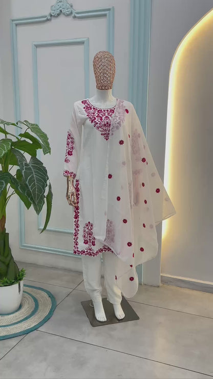 Women’s White Embroidered Rayon Cotton Kurti Set with Chanderi Dupatta & Pants | RO16495