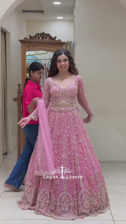 Pink Two-Tone Bridal Lehenga Choli Set with Heavy Embroidery, Beads & Sequin Work with Dupatta – RO20120
