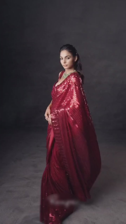 RO17124 Premium Red Faux Georgette Sequins Embroidered Saree with Heavy Designer Blouse | Bollywood Party Wear Wedding Saree