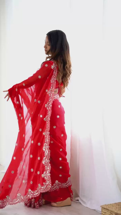Red Fendy Chiffon Saree with Thread & Sequin Embroidery | Designer Party Wear Saree- RO18362