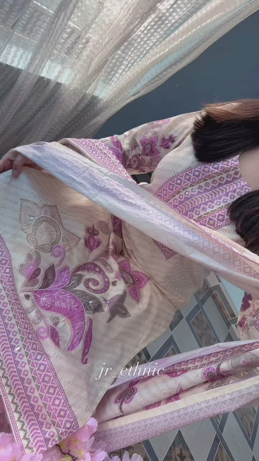Women’s Pink Printed Kurta Pant Set with Dupatta | Pure Soft Rasberry Silk | RO16534